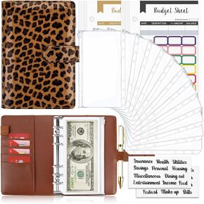 ONLYESH Budget Binder, Budget Binder with Zipper Envelopes, Cash Envelopes for Budgeting, Money Organizer for Cash, 28Pcs Budget Planner with Cash Envelopes(Leopard Print Brown)