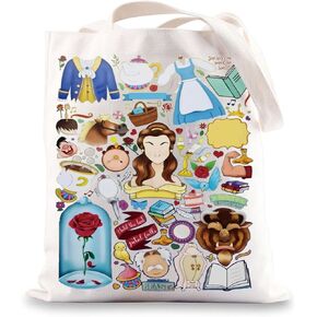 Beauty Beast Canvas Tote Bag Mrs. Potts And Chip Fans Gifts Princess Belle Shoulder Bag For Movie Fans