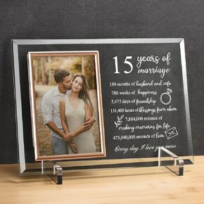 15 Year Anniversary for Her or Him Gifts, 15th Wedding Anniversary Picture Frame for Wife or Husband, Crystal Glass Anniversary Marriage Presents for Couple