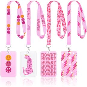 4 Pack Preppy ID Badge Holder with Lanyard Preppy Lanyard with Clip Clasp Hard Card Case Pink Back to School Supplies for Women Girls Students Teachers Nurse Office Worker