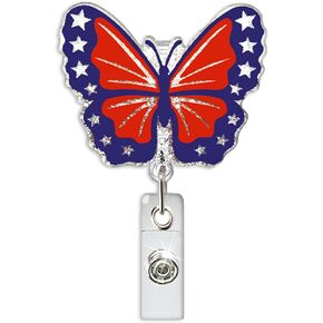 4th of July Land That I Love Nurse Badge Reel Retractable Glitter ID Badge Holders Alligator Clip Acrylic Badge Clip Independence Day Badge Holder Retractable Clip for Nursing Teacher Student Work Cop