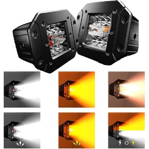 2PCS 5 Inch Flush Mount LED Pods 6 Modes Amber/White Flasing Strobe Fog Lights Offroad Backup Light Reverse Light Grill Mount Light with Switch Wiring Harness for Truck UTV ATV SUV 4x4 Car
