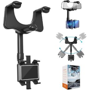 Rearview Mirror Phone Holder For Car, 2024 New Upgraded 360°Rotatable And Retractable Multifunctional Rear View Mirror Phone Holder, Universal Mount, Car Phone Holder Fit For All Phone and Car