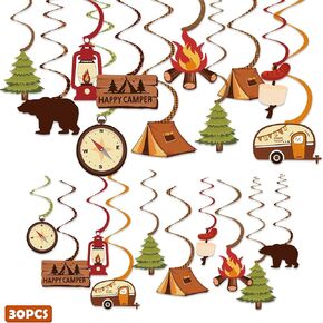 Levfla 30CT Happy Camper Party Hanging Swirls Decoration Camping Kids Birthday Photo Props Ideas Tent Cutouts Adventure S'More Whirls Signs Baby Shower Favor Supplies