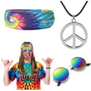 Hippie Costumes set for Men Wig Sunglasses Peace Necklace 70s Disco Style 60s Outfit Accessories Men Hippy Cosplay