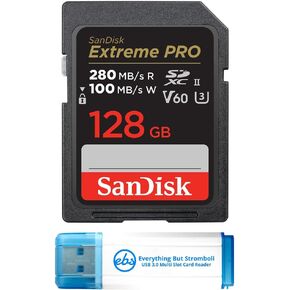 SanDisk 128GB SD Extreme Pro UHS-II Memory Card Works with Sony a7CR, a7Cm2, a6700 Mirrorless Cameras (SDSDXEP-128G-GN4IN) V60 Bundle with (1) Everything But Stromboli 3.0 Micro & SDXC Card Reader