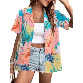 Hawaiian Shirts for Women Soft Cool Summer Hawaiian Shirt Floral Tropic Print Tees V Neck Button Up Short Sleeve Top