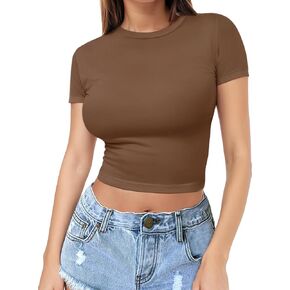 Womens Short Sleeve Crop Top Crew Neck Y2K Shirt Sexy Slim Fitted Casual Base Layer Soft Workout Shirt Going Out Tops