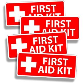 (4) Sign First aid kit red 3x1 inches Lunch Box Funny Vehicle Safety Warning Rules Bumper Sticker car Window Truck Water Bottle Flask - Made and Shipped in USA