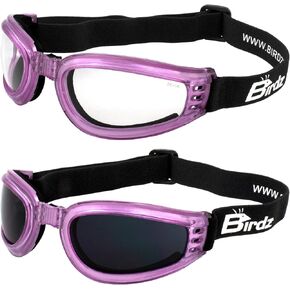 Birdz 2 Pairs of Eyewear Cardinal Women's Pink Padded Motorcycle Goggles with Super Dark & Clear Lenses