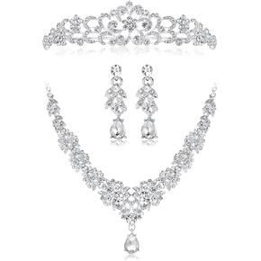 Kakonia Wedding Jewelry For Bride Bridesmaids Rhinestone Necklace Earrings Sets For Women Bridal Wedding Tiara Crown Silver Crystal Costume Prom Jewelry Set