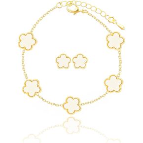 Four Leaf Clover Earring and Bracelet Set for Women Lucky Flower 14K Gold Jewelry