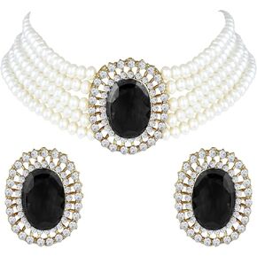 Aheli Kundan Pearl Choker Multi Layered Beaded Necklace Earrings Set Indian Traditional Wedding Jewelry for Women