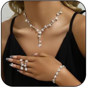 INENIMARTJ Prom Jewelry Sets Silver Jewelry Set for Brides Bridesmaid Elegant Crystal Prom Earrings Necklace Bracelet Set Bridal Wedding Prom Dresses Costume Jewelry for Women