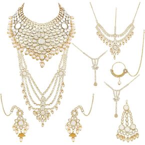 مجموعة مجوهرات الزفاف الهندية من I Jewels، مجموعة مجوهرات الزفاف التقليدية المطلية بالذهب واللؤلؤ وحجر الكوندان للنساء