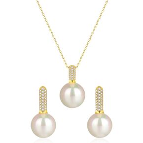 Gold Pearl Drop Necklace Earrings Set with CZ Crystals Pearl Pendant for Women Bride Bridesmaid Birthday Pearl Jewelry Gifts