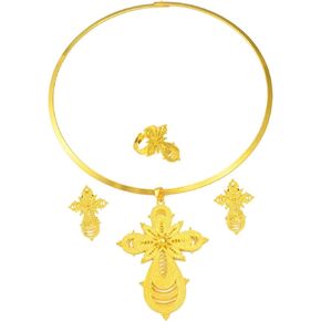Ethiopian Jewelry - Ethiopian Jewelry for Women Set - Ethiopian Cross - Ethiopian Big Cross Jewelry Sets Round Choker Earrings Resizable Ring African Eritrean Religion Wedding Party