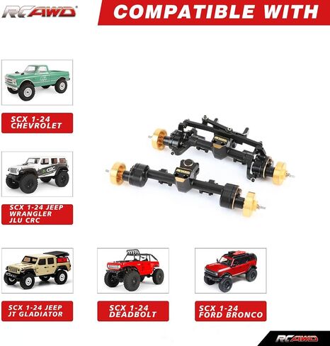 RCAWD Brass SCX24 Portal Axle Set with Servo Seat for Wrangler Bronco Gladiator C10 Deadbolt Upgrades, 6mm Extended Axle Shaft for Wider Chassis Bigger Wheels, 12T Gear Up 30% Speed for Axial SCX24 in Saudi Arabia