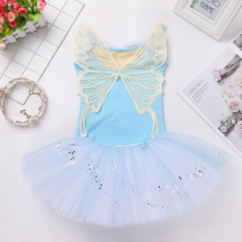 IBAKOM Ballet Leotards for Girl Ballerina Outfits Butterfly Ruffle Neckline Ballet Dance Dress Shiny Sequins Dance Skirt in Saudi Arabia