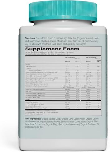 Organic Kids & Toddler Multivitamin Gummies: Omega 3 (ALA), Vitamin D3, C, Vitamin B12, B6, Vitamin A, K2 & Zinc for Immune Support, Vegetarian, 180 Count in Saudi Arabia