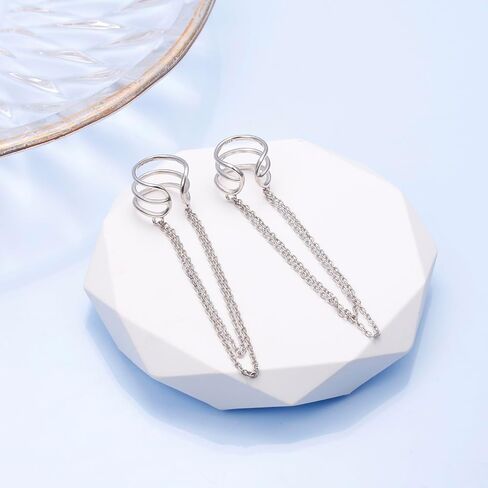 925 Sterling Silver No Piercing Cuff Earrings Chain for Women Teen Girls Wrap Earrings Tassel Clip On Ear in Saudi Arabia