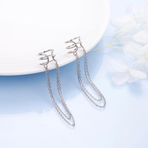 925 Sterling Silver No Piercing Cuff Earrings Chain for Women Teen Girls Wrap Earrings Tassel Clip On Ear in Saudi Arabia