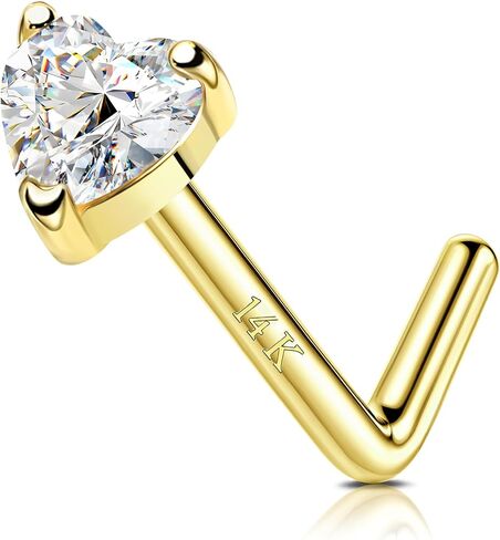 LOYALLOOK 14K Real Gold Nose Rings Studs Heart Simulated Diamond CZ Corkscrew Nose Rings Nose Studs Solid Gold Heart Nose Studs Rings Hypoallergenic Nose Piercings for Women Men 18G 20G in Saudi Arabia