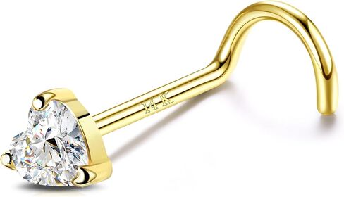 LOYALLOOK 14K Real Gold Nose Rings Studs Heart Simulated Diamond CZ Corkscrew Nose Rings Nose Studs Solid Gold Heart Nose Studs Rings Hypoallergenic Nose Piercings for Women Men 18G 20G in Saudi Arabia