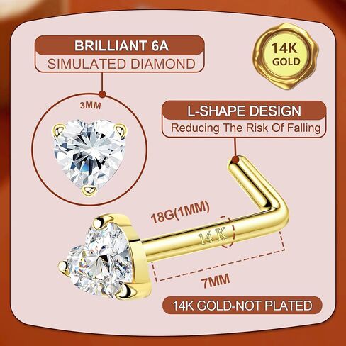 LOYALLOOK 14K Real Gold Nose Rings Studs Heart Simulated Diamond CZ Corkscrew Nose Rings Nose Studs Solid Gold Heart Nose Studs Rings Hypoallergenic Nose Piercings for Women Men 18G 20G in Saudi Arabia