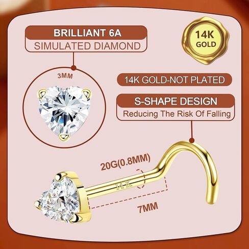LOYALLOOK 14K Real Gold Nose Rings Studs Heart Simulated Diamond CZ Corkscrew Nose Rings Nose Studs Solid Gold Heart Nose Studs Rings Hypoallergenic Nose Piercings for Women Men 18G 20G in Saudi Arabia