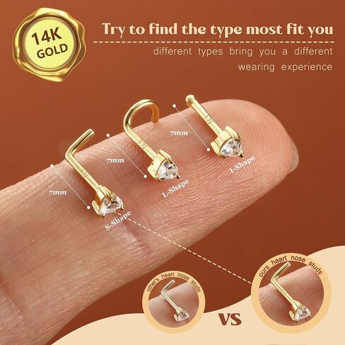 LOYALLOOK 14K Real Gold Nose Rings Studs Heart Simulated Diamond CZ Corkscrew Nose Rings Nose Studs Solid Gold Heart Nose Studs Rings Hypoallergenic Nose Piercings for Women Men 18G 20G in Saudi Arabia