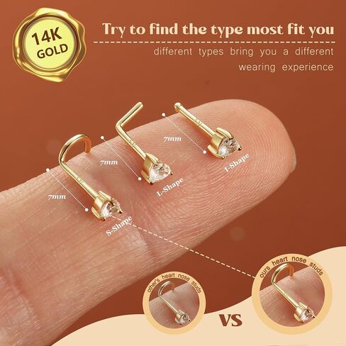 LOYALLOOK 14K Real Gold Nose Rings Studs Heart Simulated Diamond CZ Corkscrew Nose Rings Nose Studs Solid Gold Heart Nose Studs Rings Hypoallergenic Nose Piercings for Women Men 18G 20G in Saudi Arabia