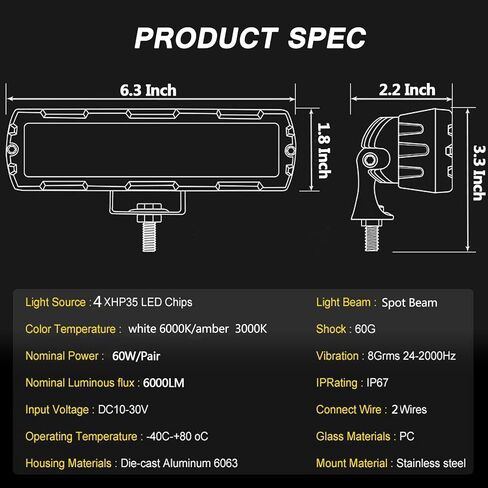 شريط إضاءة LED 6 بوصة، 2 قطعة 80 وات صفوف واحدة شعاع كهرماني أبيض مزدوج اللون مصابيح ضباب نحيفة شريط ضوء LED كبسولات القيادة ضوء احتياطي لشاحنة ATV SUV UTV دراجة نارية قارب على الطرق الوعرة in Kuwait