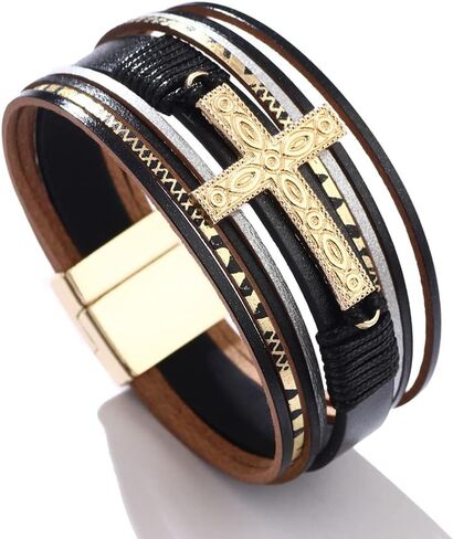 سوار ملتف من الجلد المتقاطع - سوار معصم بوهو متعدد الطبقات in Kuwait