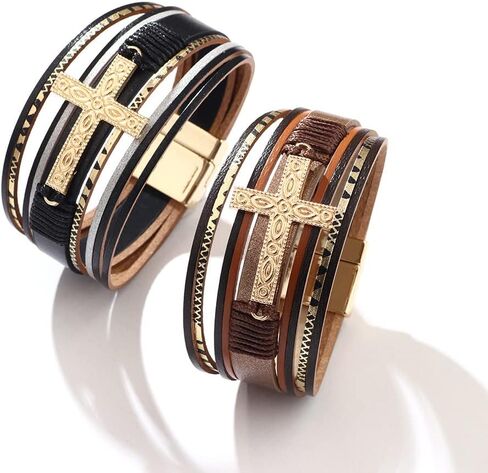 سوار ملتف من الجلد المتقاطع - سوار معصم بوهو متعدد الطبقات in Kuwait