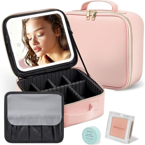 حقيبة مكياج للسفر مع حقيبة مكياج مضاءة بإضاءة LED مع مرآة بثلاثة ألوان لإعدادات صندوق مستحضرات التجميل وحقيبة تنظيم مستحضرات التجميل للنساء وحقيبة إكسسوارات أدوات التجميل قابلة لإعادة الشحن باللون الوردي in Kuwait