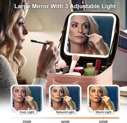 حقيبة مكياج للسفر مع حقيبة مكياج مضاءة بإضاءة LED مع مرآة بثلاثة ألوان لإعدادات صندوق مستحضرات التجميل وحقيبة تنظيم مستحضرات التجميل للنساء وحقيبة إكسسوارات أدوات التجميل قابلة لإعادة الشحن باللون الوردي in Kuwait