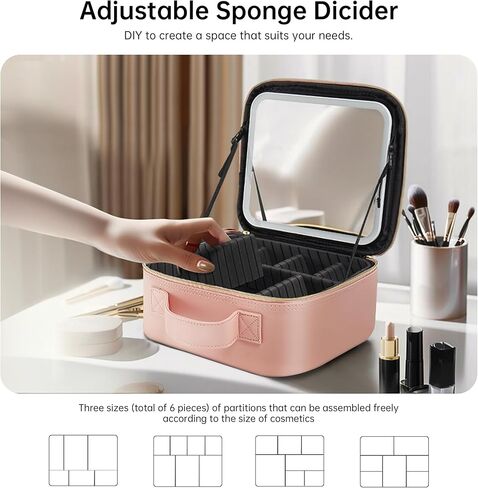 حقيبة مكياج للسفر مع حقيبة مكياج مضاءة بإضاءة LED مع مرآة بثلاثة ألوان لإعدادات صندوق مستحضرات التجميل وحقيبة تنظيم مستحضرات التجميل للنساء وحقيبة إكسسوارات أدوات التجميل قابلة لإعادة الشحن باللون الوردي in Kuwait