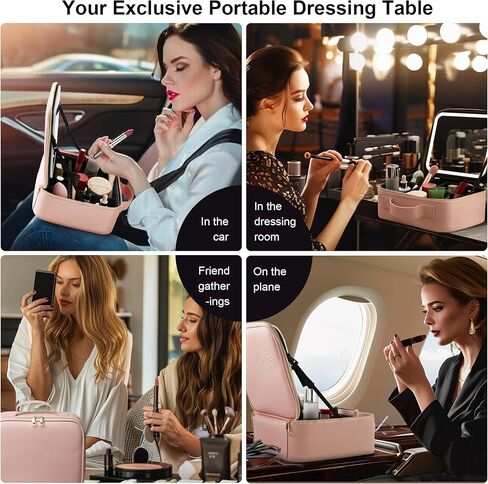 حقيبة مكياج للسفر مع حقيبة مكياج مضاءة بإضاءة LED مع مرآة بثلاثة ألوان لإعدادات صندوق مستحضرات التجميل وحقيبة تنظيم مستحضرات التجميل للنساء وحقيبة إكسسوارات أدوات التجميل قابلة لإعادة الشحن باللون الوردي in Kuwait
