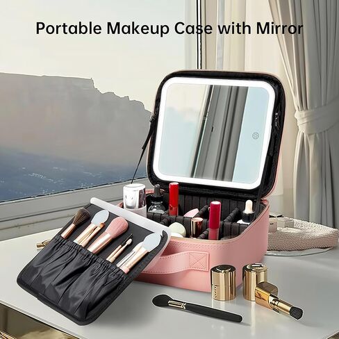 حقيبة مكياج للسفر مع حقيبة مكياج مضاءة بإضاءة LED مع مرآة بثلاثة ألوان لإعدادات صندوق مستحضرات التجميل وحقيبة تنظيم مستحضرات التجميل للنساء وحقيبة إكسسوارات أدوات التجميل قابلة لإعادة الشحن باللون الوردي in Kuwait