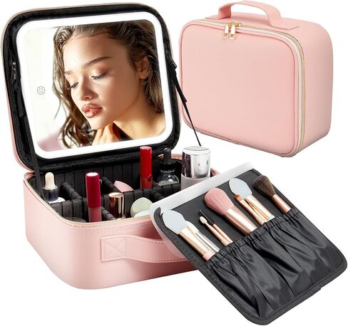 حقيبة مكياج للسفر مع حقيبة مكياج مضاءة بإضاءة LED مع مرآة بثلاثة ألوان لإعدادات صندوق مستحضرات التجميل وحقيبة تنظيم مستحضرات التجميل للنساء وحقيبة إكسسوارات أدوات التجميل قابلة لإعادة الشحن باللون الوردي in Kuwait
