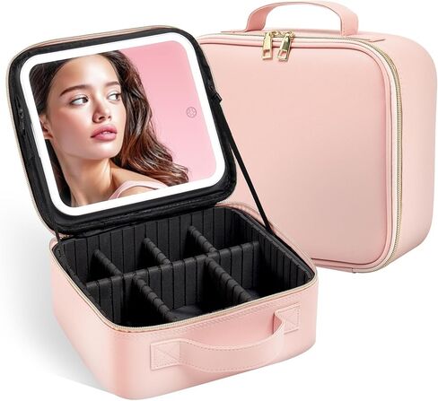 حقيبة مكياج للسفر مع حقيبة مكياج مضاءة بإضاءة LED مع مرآة بثلاثة ألوان لإعدادات صندوق مستحضرات التجميل وحقيبة تنظيم مستحضرات التجميل للنساء وحقيبة إكسسوارات أدوات التجميل قابلة لإعادة الشحن باللون الوردي in Kuwait