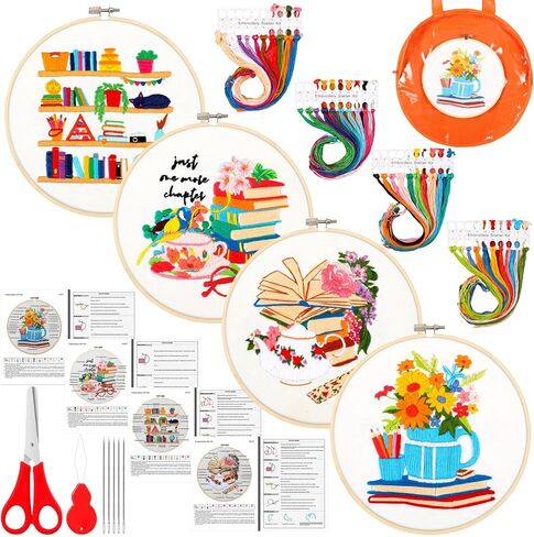 Maysing 4 مجموعة أدوات التطريز للمبتدئين، مجموعة أدوات التطريز للمبتدئين لمحبي الكتب، مجموعات التطريز DIY للبالغين مع نمط الكتاب، التعليمات، طوق التطريز، الخيط، خيط الإبرة in Kuwait