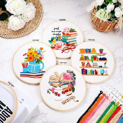 Maysing 4 مجموعة أدوات التطريز للمبتدئين، مجموعة أدوات التطريز للمبتدئين لمحبي الكتب، مجموعات التطريز DIY للبالغين مع نمط الكتاب، التعليمات، طوق التطريز، الخيط، خيط الإبرة in Kuwait