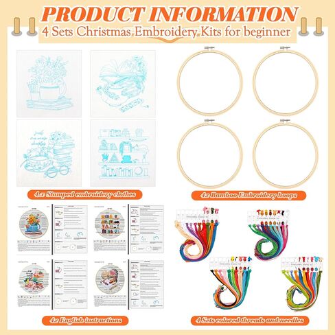 Maysing 4 مجموعة أدوات التطريز للمبتدئين، مجموعة أدوات التطريز للمبتدئين لمحبي الكتب، مجموعات التطريز DIY للبالغين مع نمط الكتاب، التعليمات، طوق التطريز، الخيط، خيط الإبرة in Kuwait