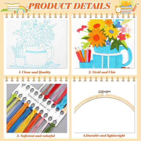 Maysing 4 مجموعة أدوات التطريز للمبتدئين، مجموعة أدوات التطريز للمبتدئين لمحبي الكتب، مجموعات التطريز DIY للبالغين مع نمط الكتاب، التعليمات، طوق التطريز، الخيط، خيط الإبرة in Kuwait