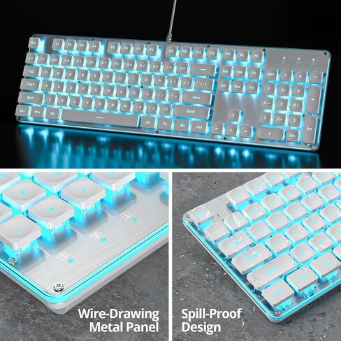 لوحة مفاتيح الألعاب Owpkeenthy باللون الأبيض، لوحة مفاتيح هادئة كاملة الحجم، لوحة مفاتيح هادئة بإضاءة خلفية زرقاء ثلجية، لوحة مفاتيح مربعة للمكتب مع لوحة معدنية لأجهزة الكمبيوتر المحمول، وأجهزة الكمبيوتر المكتبية (104 أبيض) in Kuwait