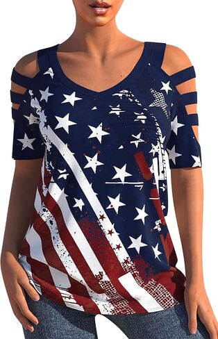 FAYALEQ USA Flag Shirt Women Off The Shoulder Top American Flag Tee 4th of July Patriotic Tees Distressed Star Stripes Shirts in Saudi Arabia