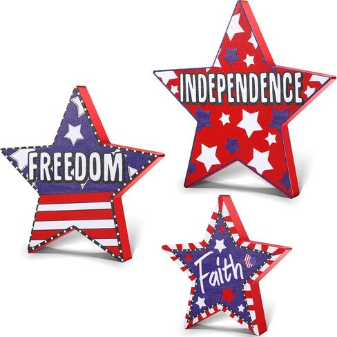 3 Pieces 4th of July Wood Star Decoration Faith Sign Patriotic Wooden Home Table Decor for Living Room Dining Table Centerpieces Memorial Day Decorations (Freedom and Independence) in Saudi Arabia