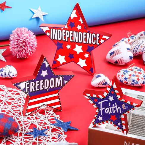 3 Pieces 4th of July Wood Star Decoration Faith Sign Patriotic Wooden Home Table Decor for Living Room Dining Table Centerpieces Memorial Day Decorations (Freedom and Independence) in Saudi Arabia